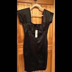 French ConnectionStylish Black Satin Bodycon Corset Dress with Bold Sleeves